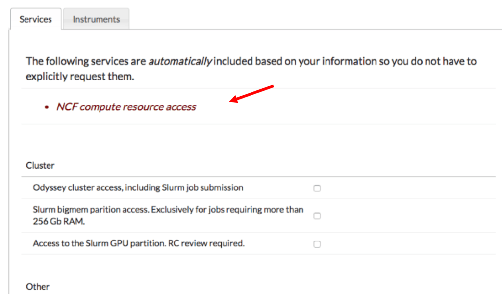 acct request form, pointing to "NCF access"